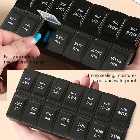 7 Day Weekly Pill Organizer 2 Times A Day Large Pill Case Compartments Clear Lids for Medicine Vitamin Black with White in Saudi Arabia