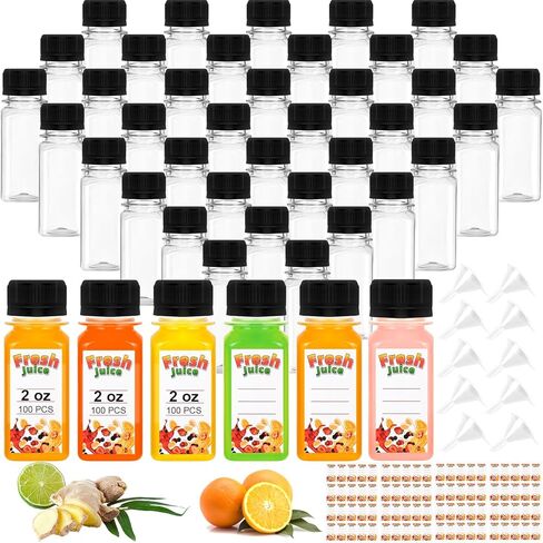 100 Pack 2 oz Small Plastic Shot Bottles with Caps Ginger Shots Bottles for Liquids, Reusable Clear Juice Containers with Scale, Funnels, Stickers for Ginger, Liquids, Beverages in Kuwait
