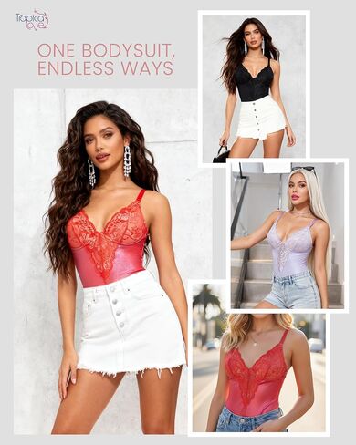 TROPICA LOVE Womens Tummy Control Shapewear Bodysuit Built-in Bra V-Neck Waist Sculpting Shaper Satin Lace Thong in Saudi Arabia