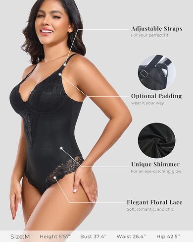 TROPICA LOVE Womens Tummy Control Shapewear Bodysuit Built-in Bra V-Neck Waist Sculpting Shaper Satin Lace Thong in Saudi Arabia