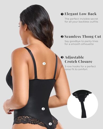 TROPICA LOVE Womens Tummy Control Shapewear Bodysuit Built-in Bra V-Neck Waist Sculpting Shaper Satin Lace Thong in Saudi Arabia