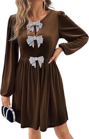 Happy Sailed Women’s Velvet Dress Fall Fashion Lantern Long Sleeve Front Bowknot High Waist A Line Cocktail Party Dress in Saudi Arabia
