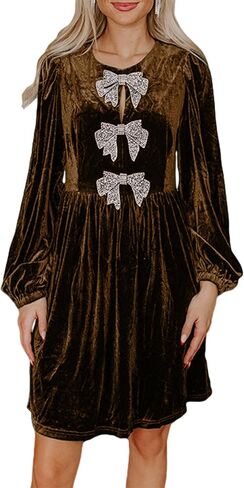 Happy Sailed Women’s Velvet Dress Fall Fashion Lantern Long Sleeve Front Bowknot High Waist A Line Cocktail Party Dress in Saudi Arabia