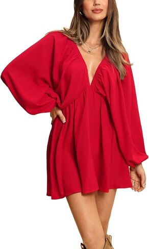 MakeMeChic Women's Deep V Neck Lantern Sleeve Dress Backless Summer Smock Mini Dresses in Saudi Arabia