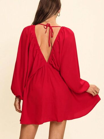 MakeMeChic Women's Deep V Neck Lantern Sleeve Dress Backless Summer Smock Mini Dresses in Saudi Arabia