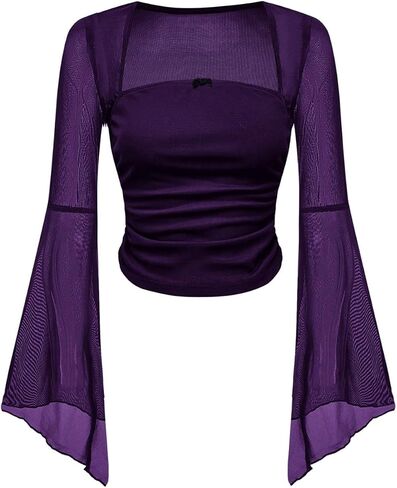 MakeMeChic Women's Bell Sleeve Crop Tops Square Neck Blouse Floral Mesh Ruched Fitted Fall Trendy Shirts Top in Saudi Arabia