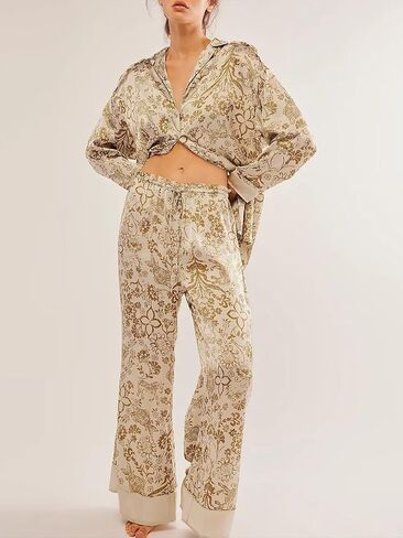 2 Piece Pajama for Women Long Sleeve Button Down Top and Wide Leg Pants with Printed Design Matching Sets Nightwear in Saudi Arabia