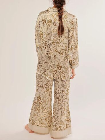 2 Piece Pajama for Women Long Sleeve Button Down Top and Wide Leg Pants with Printed Design Matching Sets Nightwear in Saudi Arabia