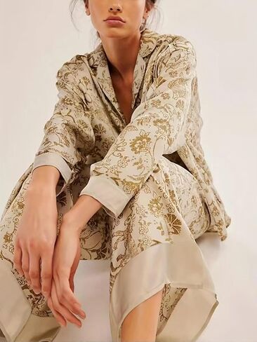 2 Piece Pajama for Women Long Sleeve Button Down Top and Wide Leg Pants with Printed Design Matching Sets Nightwear in Saudi Arabia