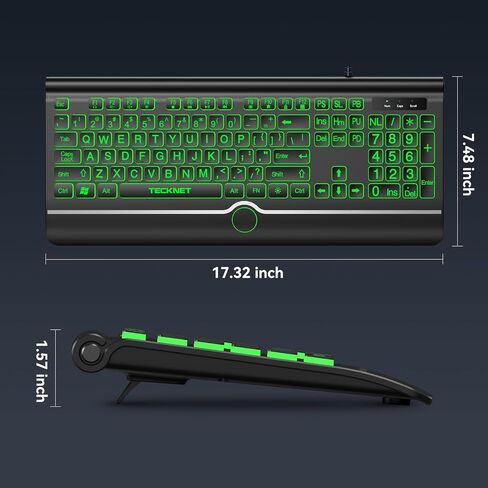 TECKNET Large Print Backlit Keyboard, Wired USB-A Computer Keyboard with Wrist Rest, 7-Color Backlit, Oversized Letter Keys Easy to See, Plug-and-Play, Silent, Foldable Stands for Windows/PC/Laptop in Saudi Arabia