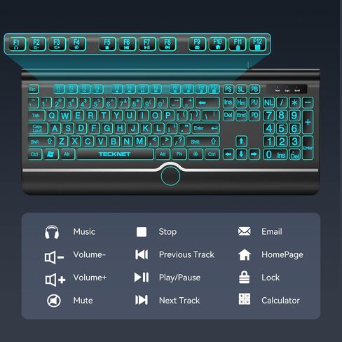 TECKNET Large Print Backlit Keyboard, Wired USB-A Computer Keyboard with Wrist Rest, 7-Color Backlit, Oversized Letter Keys Easy to See, Plug-and-Play, Silent, Foldable Stands for Windows/PC/Laptop in Saudi Arabia