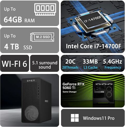 HP OMEN 16L TG03 RTX 5060 Ti Pro Gaming Desktop, Intel Core i7-14700F, NVIDIA GeForce RTX 5060 Ti, 64GB DDR5 RAM, 4TB SSD, DP, RJ-45, Wi-Fi 6, Bundle with Lexar SL660 512GB Portable SSD in Saudi Arabia