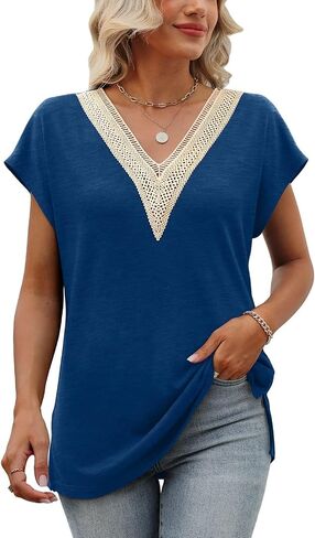 Womens Cap Sleeve Summer Tops 2025 Trendy Tank Tops Lace V Neck Loose Fit Shirts in Saudi Arabia