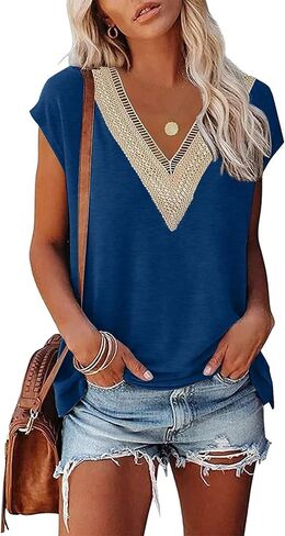 Womens Cap Sleeve Summer Tops 2025 Trendy Tank Tops Lace V Neck Loose Fit Shirts in Saudi Arabia