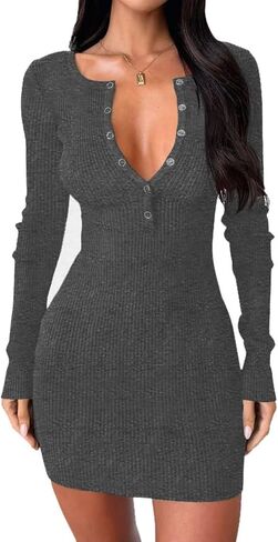 Dressmine فستان سترة نسائي بأكمام طويلة 2025 خريف مثير بياقة على شكل V وأزرار للأسفل فساتين ضيقة لحفلات الكوكتيل فستان قصير متماسك in Kuwait