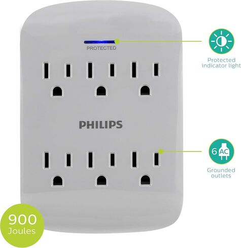 Philips All-in-One Surge Tap, 4 Grounded & 4 Polarized Outlets, 1140 Joules, Adapter-Spaced Design, ETL Certified, White/Gray, SPP3993W/37 in Saudi Arabia