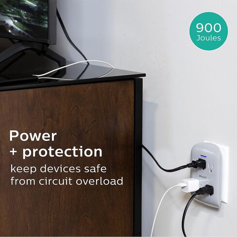 Philips All-in-One Surge Tap, 4 Grounded & 4 Polarized Outlets, 1140 Joules, Adapter-Spaced Design, ETL Certified, White/Gray, SPP3993W/37 in Saudi Arabia