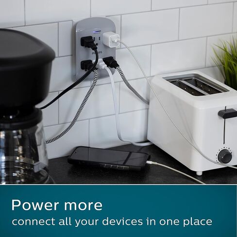 Philips All-in-One Surge Tap, 4 Grounded & 4 Polarized Outlets, 1140 Joules, Adapter-Spaced Design, ETL Certified, White/Gray, SPP3993W/37 in Saudi Arabia