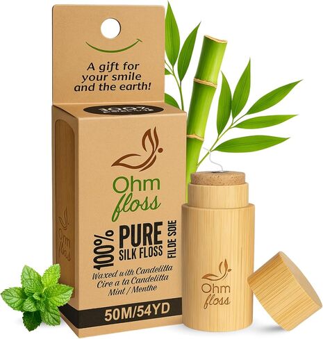 Ohm Earth’s Ohm Floss – Natural Biodegradable Silk Dental Floss with Refillable Bamboo Holder, Naturally waxed with Candelilla 100% Compostable, 55 yds/50m Spool – Eco-Friendly Oral Care, Natural Mint in Kuwait