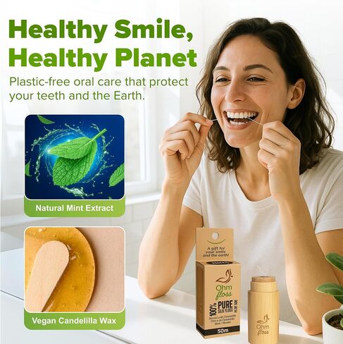 Ohm Earth’s Ohm Floss – Natural Biodegradable Silk Dental Floss with Refillable Bamboo Holder, Naturally waxed with Candelilla 100% Compostable, 55 yds/50m Spool – Eco-Friendly Oral Care, Natural Mint in Kuwait