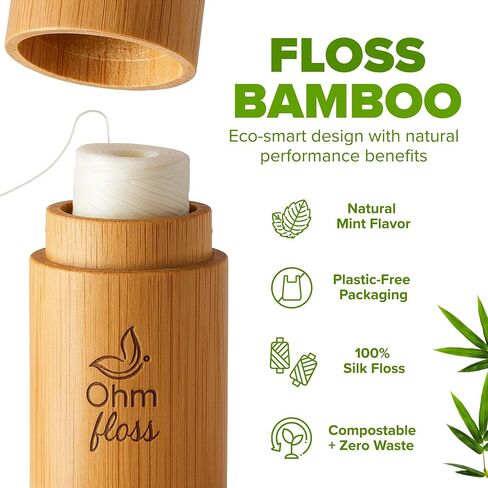 Ohm Earth’s Ohm Floss – Natural Biodegradable Silk Dental Floss with Refillable Bamboo Holder, Naturally waxed with Candelilla 100% Compostable, 55 yds/50m Spool – Eco-Friendly Oral Care, Natural Mint in Kuwait