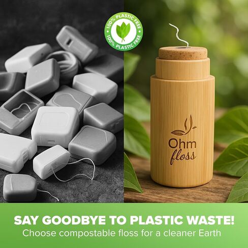 Ohm Earth’s Ohm Floss – Natural Biodegradable Silk Dental Floss with Refillable Bamboo Holder, Naturally waxed with Candelilla 100% Compostable, 55 yds/50m Spool – Eco-Friendly Oral Care, Natural Mint in Kuwait