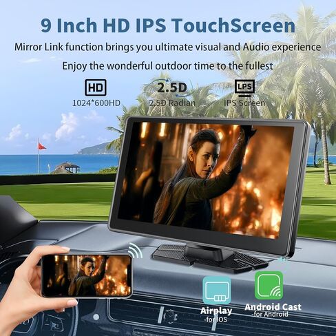 Leadtree 9 بوصة شاشة Carplay اللاسلكية المحمولة للسيارة و Android Auto HD شاشة تعمل باللمس مع 1080p كاميرا احتياطية/رابط المرآة/الملاحة/الصوت in Kuwait