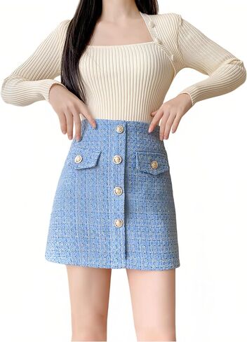 المرأة منقوشة تنورة صغيرة الخريف قلم رصاص لطيف Bodycon خط فوق الركبة طول التنانير زر عالية الخصر تنورة قصيرة تويد in Saudi Arabia