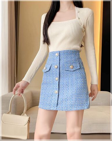 المرأة منقوشة تنورة صغيرة الخريف قلم رصاص لطيف Bodycon خط فوق الركبة طول التنانير زر عالية الخصر تنورة قصيرة تويد in Saudi Arabia