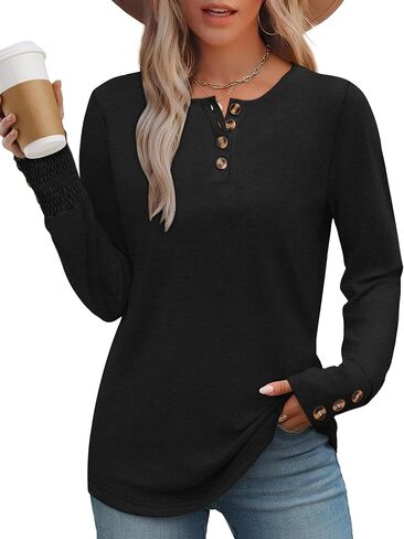 Anbech Long Sleeve Shirts for Women Blouses Henley Tops Crew Neck Business Tunic Tops Smocked Cuffs with Buttons in Kuwait