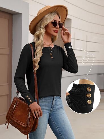Anbech Long Sleeve Shirts for Women Blouses Henley Tops Crew Neck Business Tunic Tops Smocked Cuffs with Buttons in Kuwait