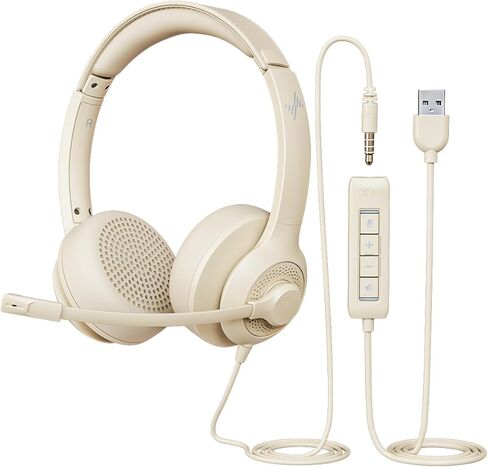سماعات رأس USB مع MIC للكمبيوتر الشخصي ، سماعات الكمبيوتر المحمول على الكمبيوتر على الأذن مع التحكم في الميكروفون إلغاء الضوضاء لفئة Office Online Class (USB+3.5 مم ، أسود) in Kuwait