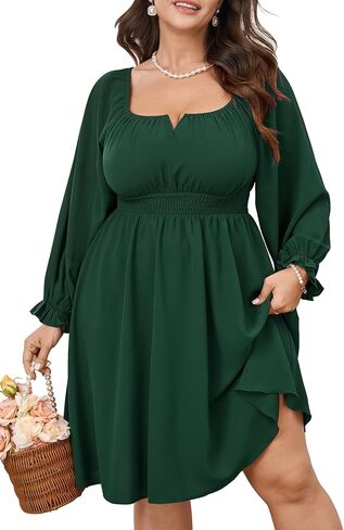 Womens Plus Size Cocktail Dress Fall Off Shoulder Long Sleeve Square Neck Smocked Waist Flowy A Line Short Dress in Kuwait