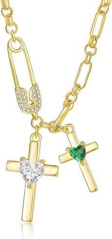 Gold Cross Necklace for Women 14K Double Cross Pendant Necklace Dainty Safety Pin 2 Birthstones Paper Clip Chain Faith Jewelry Trendy Religious Gifts for Women in Saudi Arabia