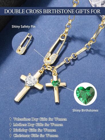 Gold Cross Necklace for Women 14K Double Cross Pendant Necklace Dainty Safety Pin 2 Birthstones Paper Clip Chain Faith Jewelry Trendy Religious Gifts for Women in Saudi Arabia