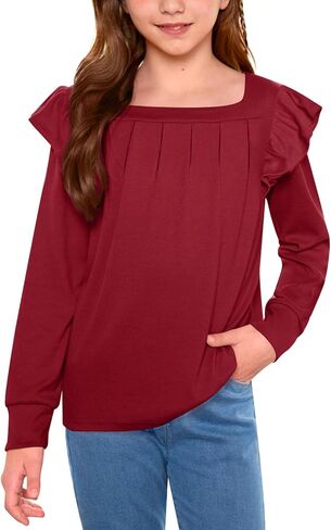 Girls Fall Pleated Long Sleeve Shirt Ruffle Sleeve Top Square Neck Casual Blouse 6-14 Years in Saudi Arabia