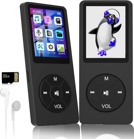 مشغل MP3 مع بطاقة TF سعة 32 جيجابايت، ومكبر صوت HD مدمج، ومشغل موسيقى HiFi محمول مع فيديو/مسجل صوت/راديو FM/عارض الصور/مشغل الكتب الإلكترونية للأطفال (أسود) in Kuwait