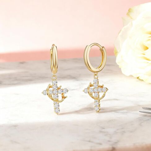 Cross Crown Earrings Crystal Cross Drop Hoop Earrings, White, Dangle Style, Religious Fashion Jewelry in Saudi Arabia