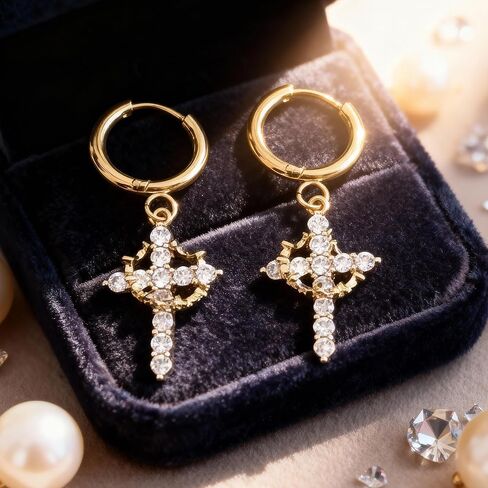 Cross Crown Earrings Crystal Cross Drop Hoop Earrings, White, Dangle Style, Religious Fashion Jewelry in Saudi Arabia