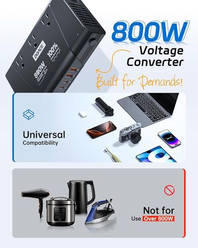 DOACE 220V to 110V Converter, 800W Voltage Converter US to Europe for Hair Straightener/Curler/Phone, Power Converter with 2 USB C & 2 USB A Ports, European Travel Plug Adapter UK, US, AU, EU, White in Kuwait