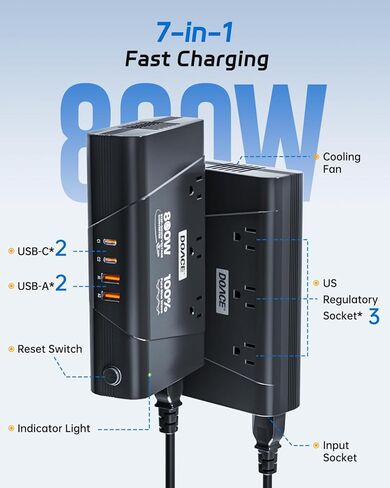 DOACE 220V to 110V Converter, 800W Voltage Converter US to Europe for Hair Straightener/Curler/Phone, Power Converter with 2 USB C & 2 USB A Ports, European Travel Plug Adapter UK, US, AU, EU, White in Kuwait