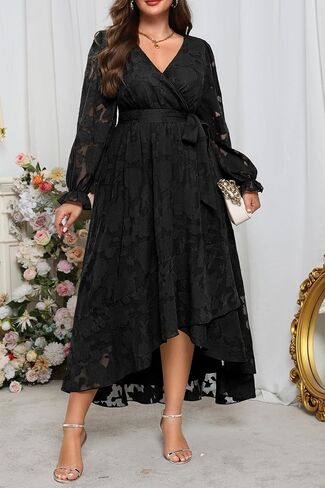 Navy Blue Dress Women Plus Size Wedding Guest Cocktail Fall Semi Formal Floral Long Sleeve Wrap High Low Maxi Dresses in Saudi Arabia