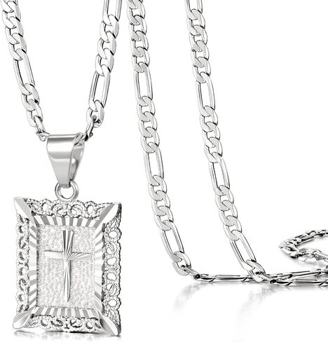KissYan Cross Pendant Necklace for Women Men, 14K Gold Plated Square Faith Christian Figaro Chain Delicate Religious Jewelry Gifts in Saudi Arabia