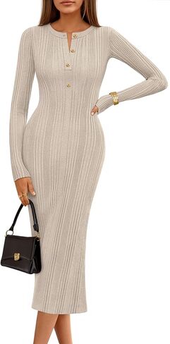 MEROKEETY Women's Long Sleeve Bodycon Sweater Dress 2025 Fall Button Crew Neck Ribbed Knit Midi Maxi Dresses in Saudi Arabia