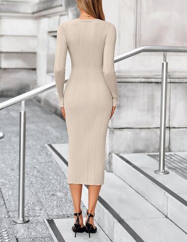 MEROKEETY Women's Long Sleeve Bodycon Sweater Dress 2025 Fall Button Crew Neck Ribbed Knit Midi Maxi Dresses in Saudi Arabia