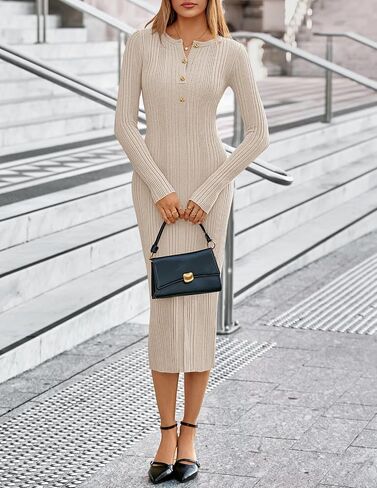 MEROKEETY Women's Long Sleeve Bodycon Sweater Dress 2025 Fall Button Crew Neck Ribbed Knit Midi Maxi Dresses in Saudi Arabia
