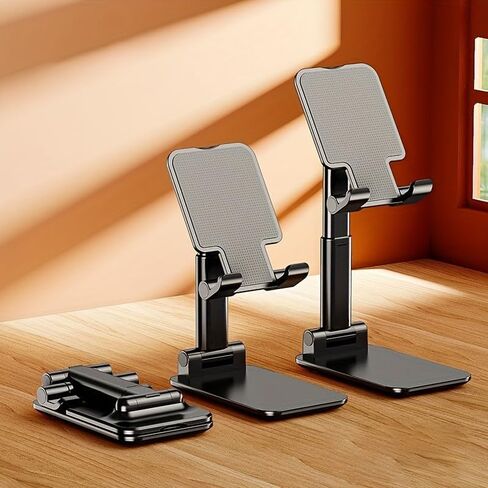 Cell Phone Stand for Desk, Foldable & Height Angle Adjustable Phone Holder with Silicon Pad, Compatible with iPhone 16/15/14/13/12, Samsung Galaxy & All Smartphones, Black in Saudi Arabia