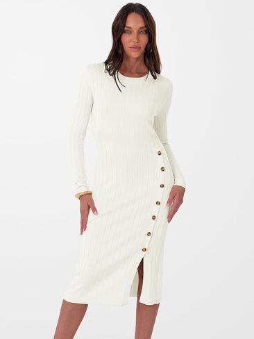 ANRABESS Womens 2025 Fall Long Sleeve Midi Dress Ribbed Knit Bodycon Fitted Button Down Wedding Guest Slit Sweater Dresses in Saudi Arabia