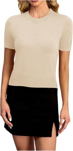 Women's Crew Neck Short Sleeve Knit Pullover Sweater Dressy Casual Tops in Saudi Arabia