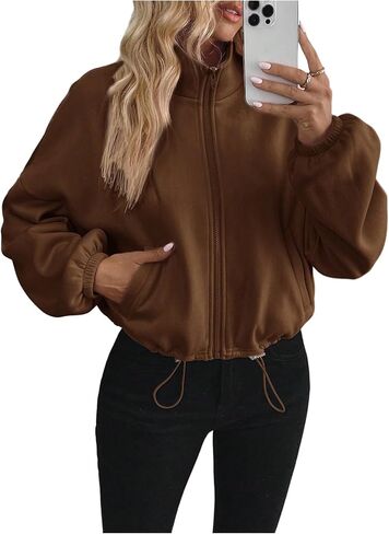 Verdusa Women's Cropped Jacket Zip Up Drawstring Drop Shoulder Sweatshirt in Saudi Arabia